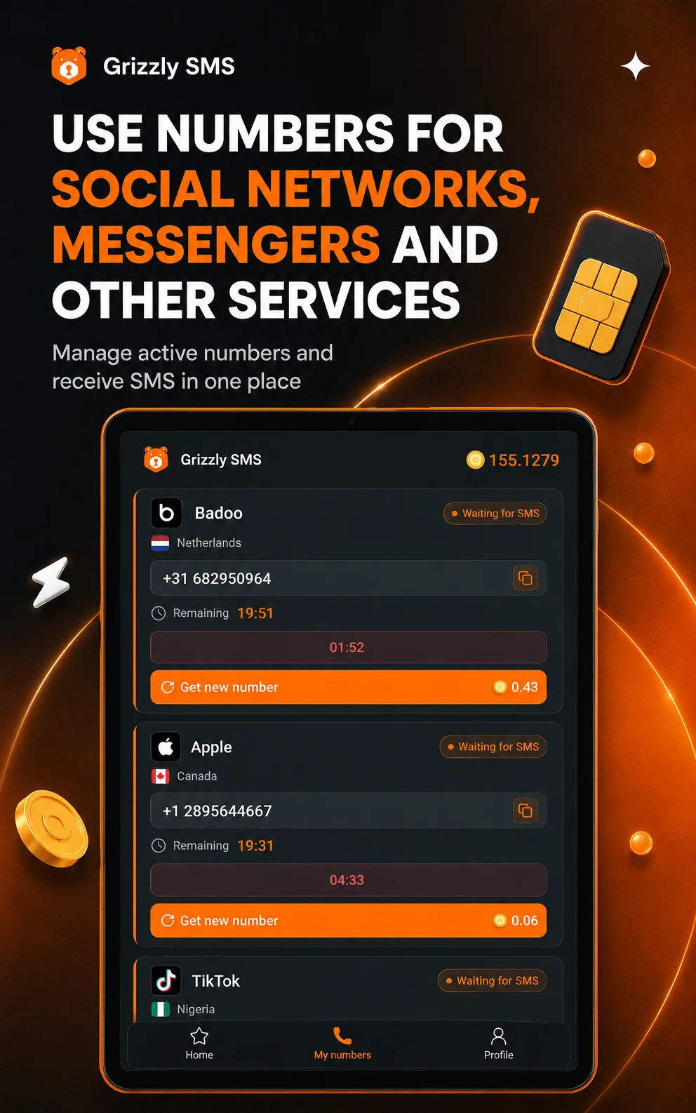 Grizzly SMS: Virtual Numbers screenshot